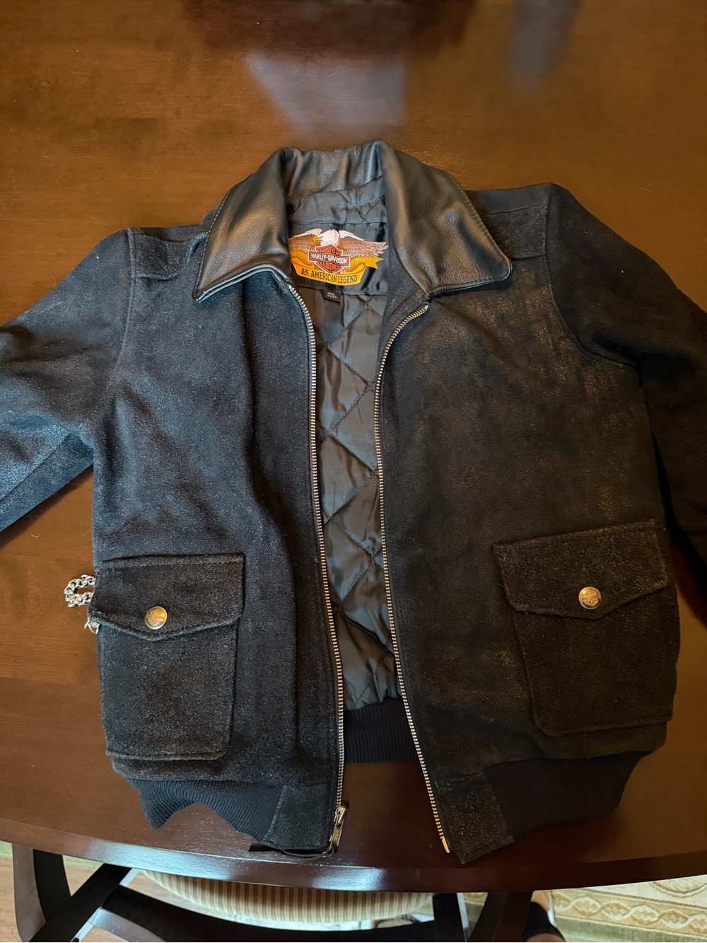 Harley-Davidson Black Quilted Bomber Jacket with Leather Collar